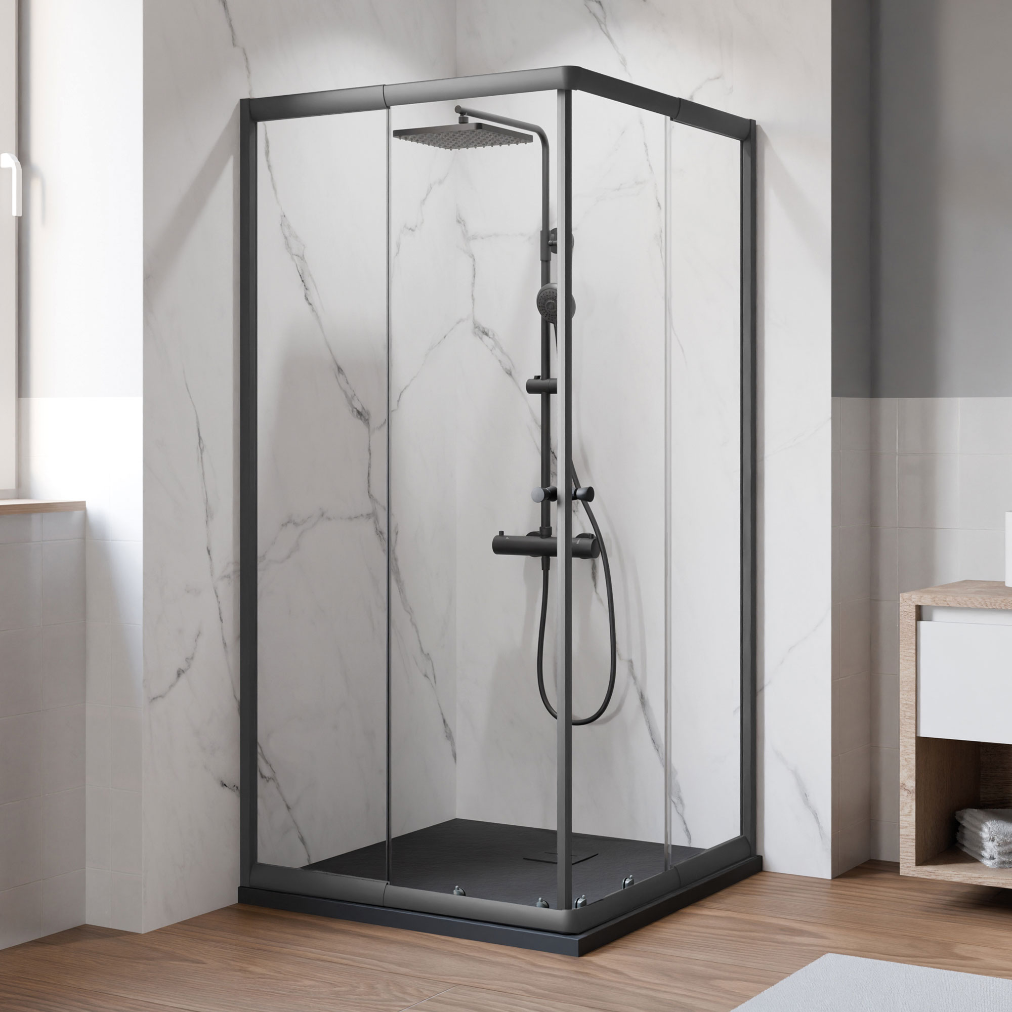 Eckeinstieg 'Ektos' mit Schiebetür mattschwarz 75 - 90 cm