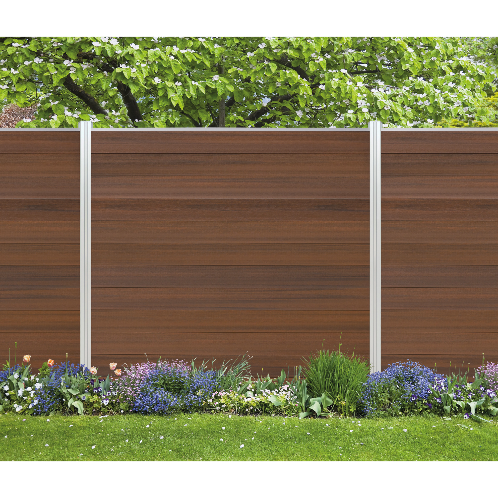 Zaun-Komplettset 'Roma Line' WPC teak mit Pfosten eloxiert zum Einbetonieren 939 x 180 cm