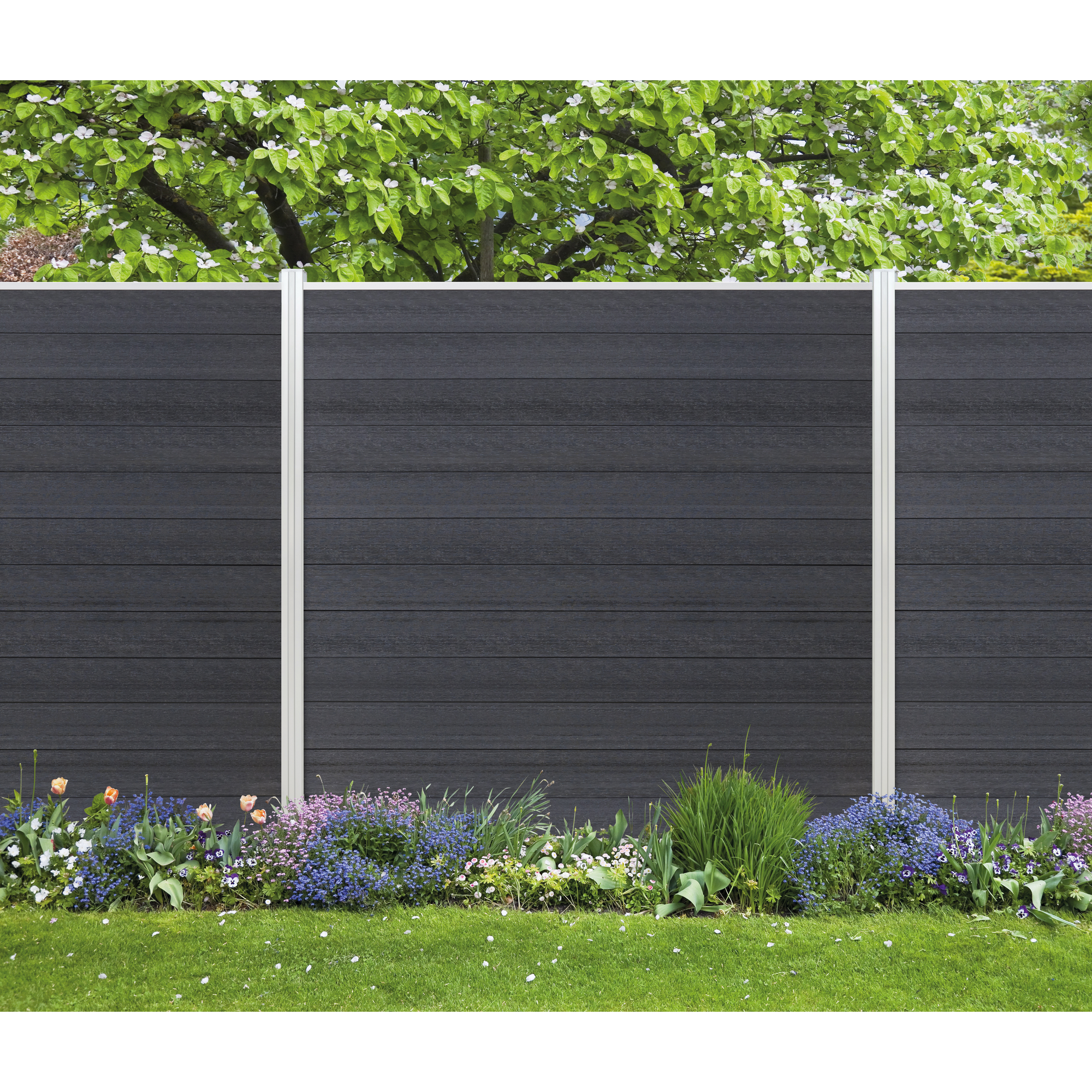 Zaun-Komplettset 'Roma Line' WPC anthrazit mit Pfosten eloxiert zum Einbetonieren 565 x 180 cm