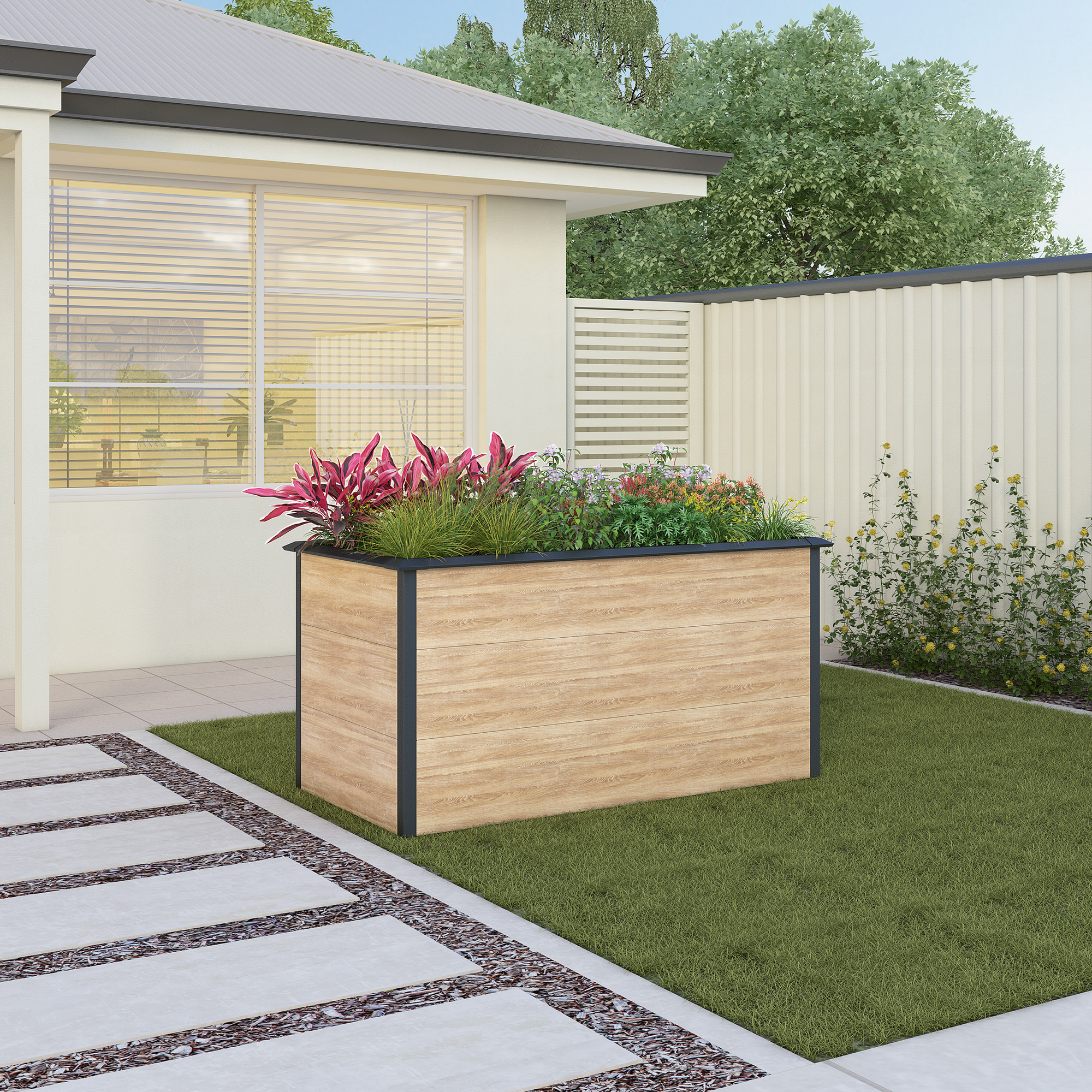Hochbeet mit Schneckenschutz Metall Holzdekor 150 x 77 x 75 cm