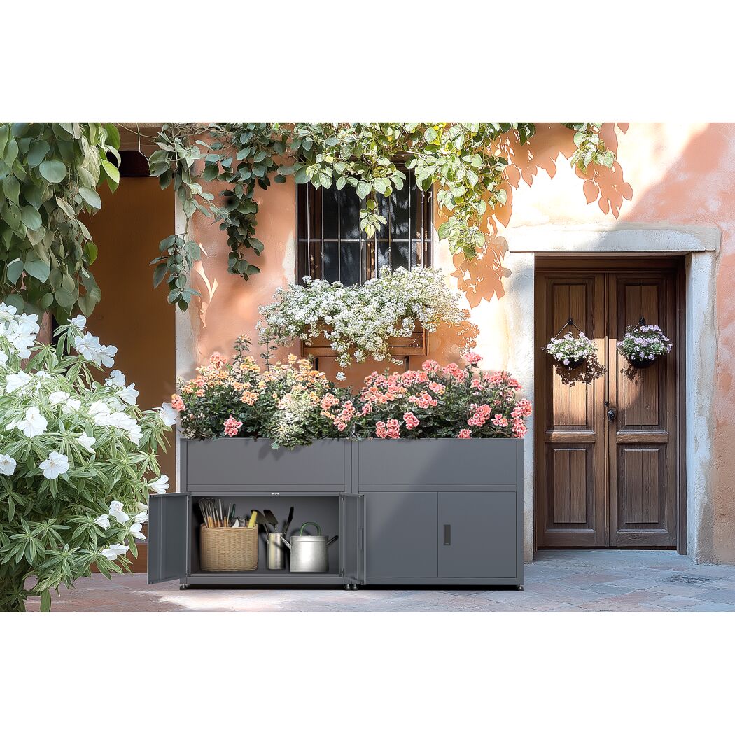 Hochbeet mit Stauraum Metall anthrazit 100 x 85 x 50 cm