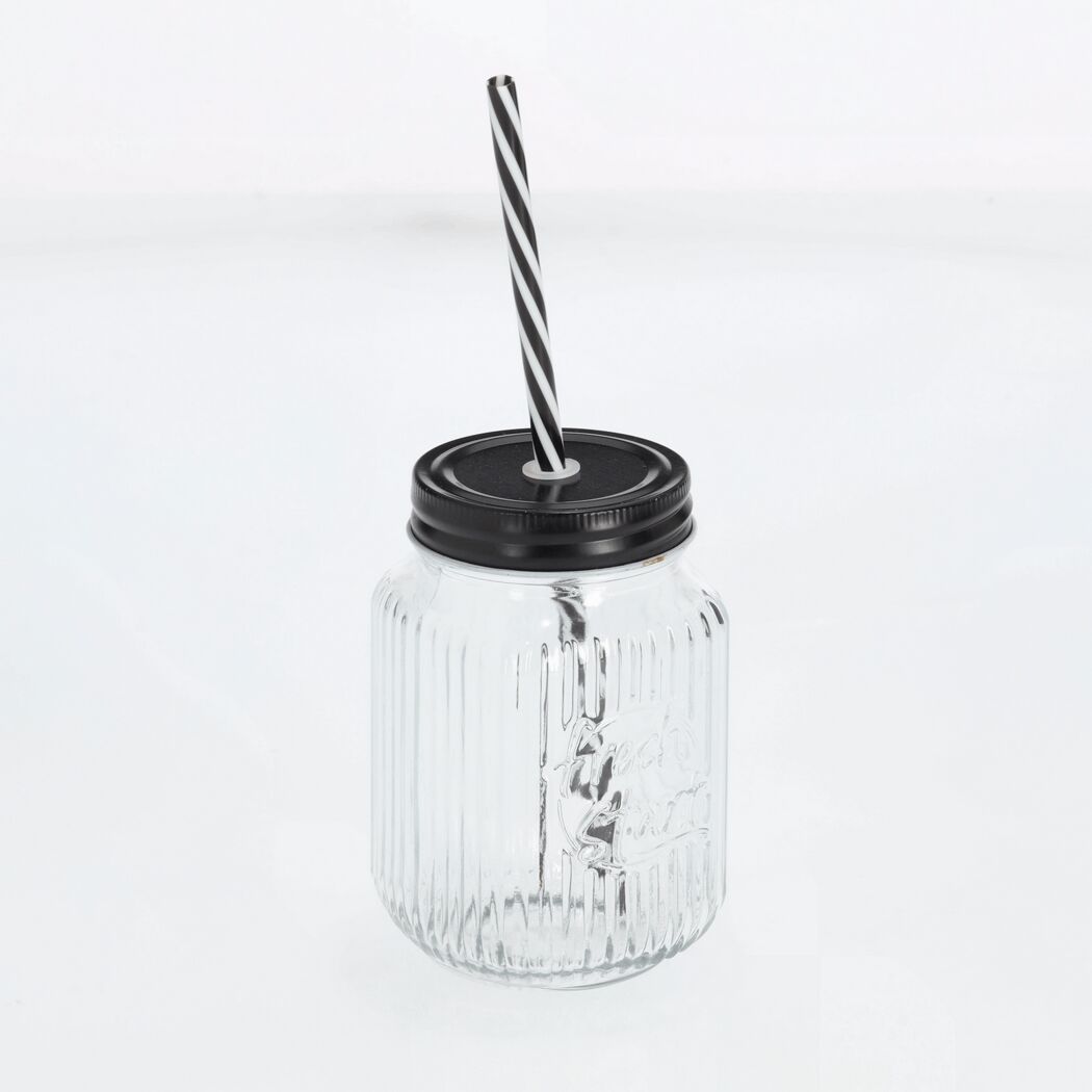 Trinkglas mit Metalldeckel und Strohhalm 480 ml 8 x 13 x 8 cm