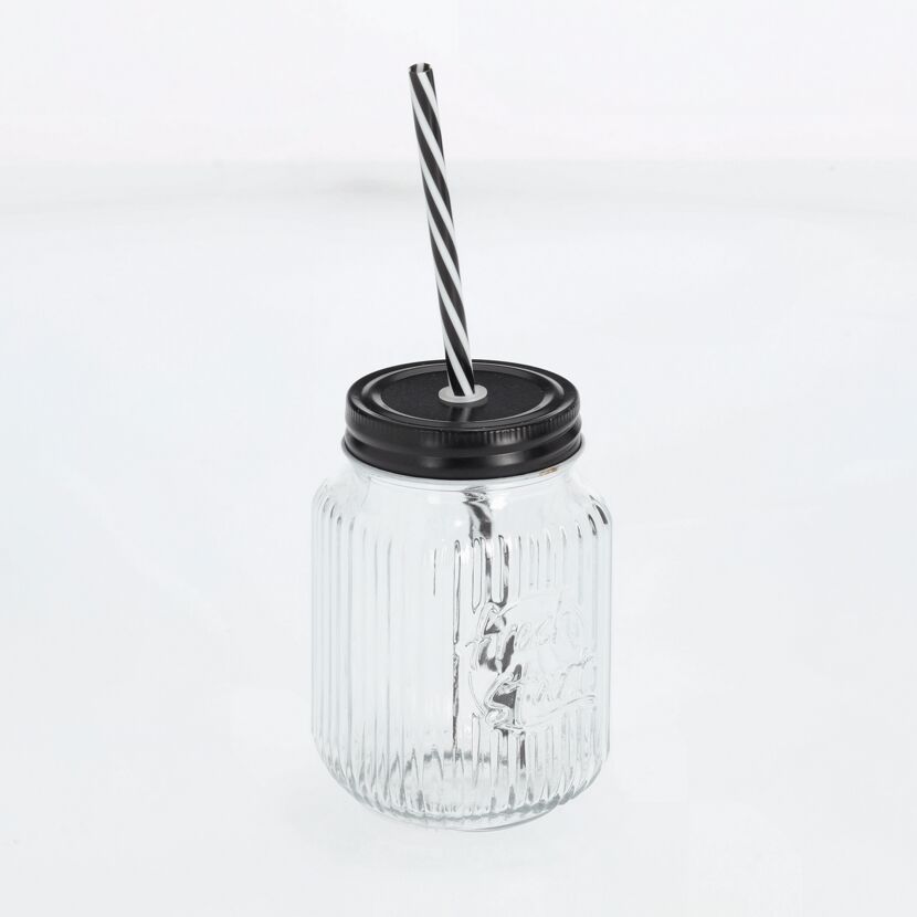 Trinkglas mit Metalldeckel und Strohhalm 480 ml 8 x 13 x 8 cm
