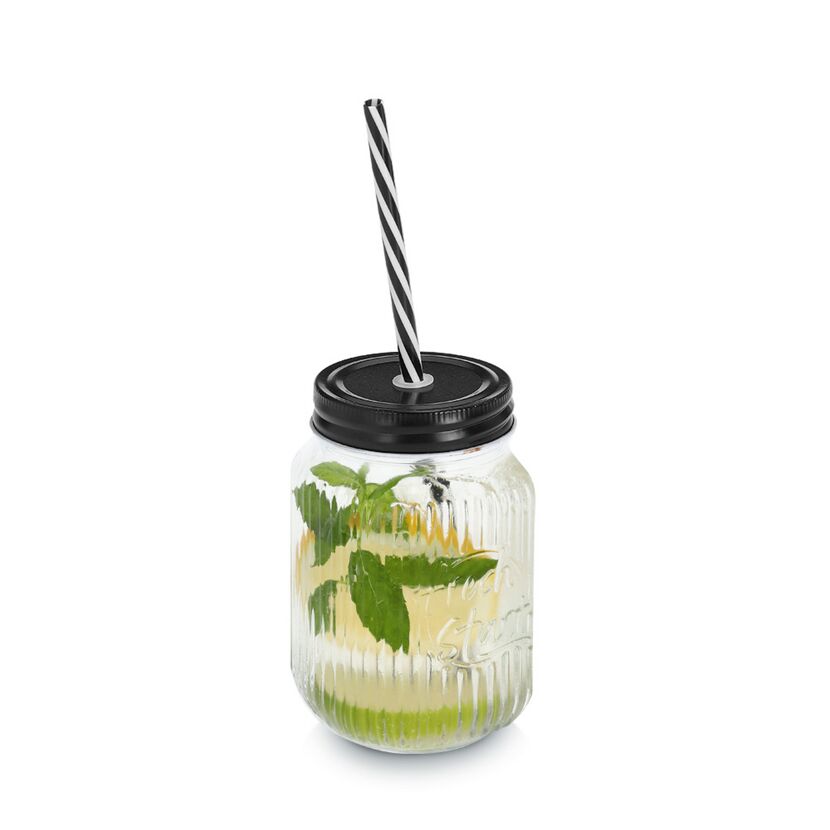 Trinkglas mit Metalldeckel und Strohhalm 480 ml 8 x 13 x 8 cm