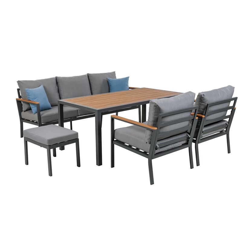 Graues Loungemöbelset 'Bozen' mit Holztisch und blauen Kissen.