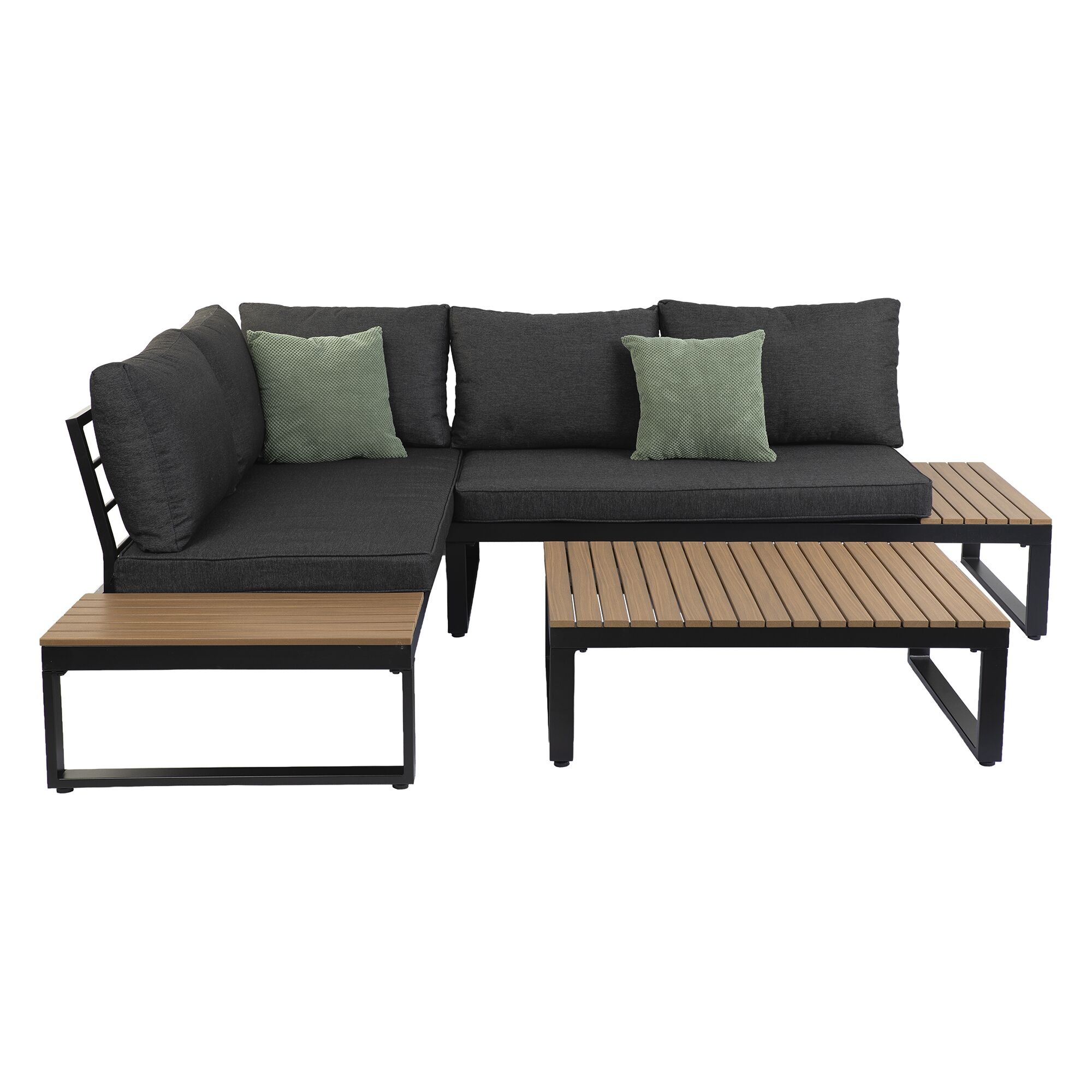 Dunkelgraues Loungemöbelset 'Riola' mit Holztischen und grünen Kissen.