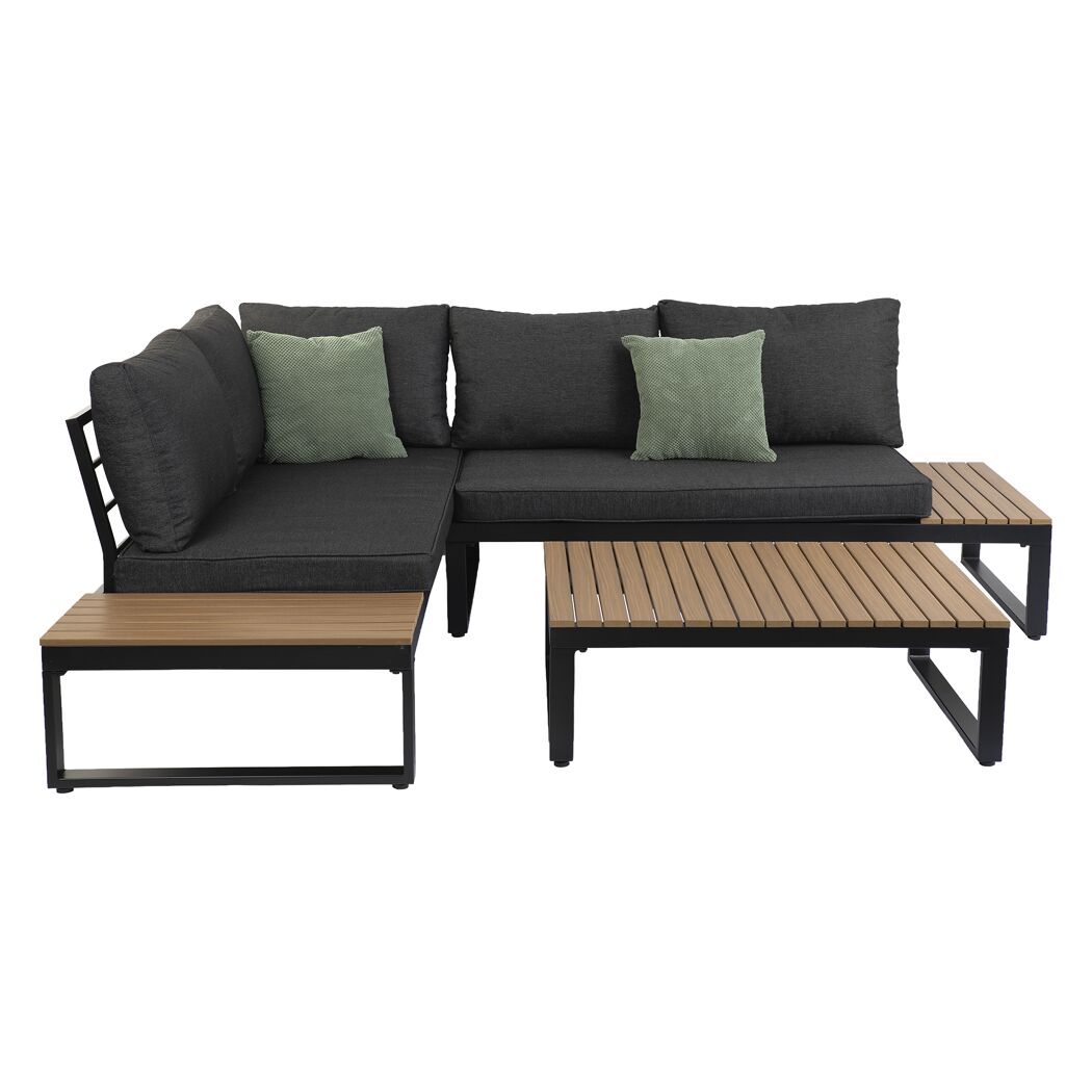 Dunkelgraues Loungemöbelset 'Riola' mit Holztischen und grünen Kissen.