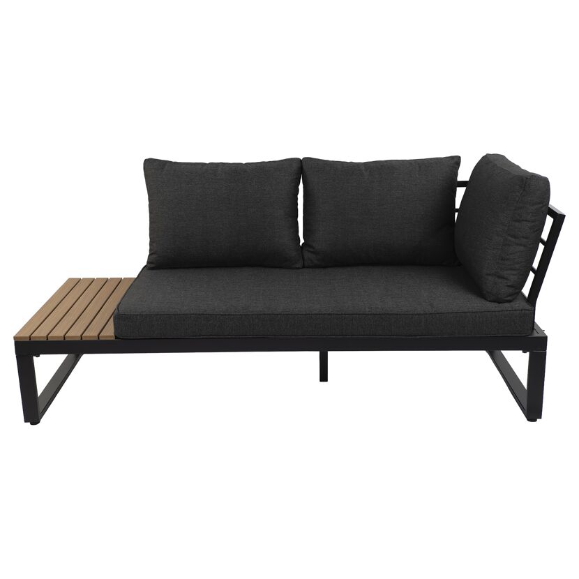 Loungesofa Riola mit dunklen Polstern und Holzablage.