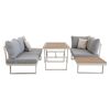 Loungemöbelset Lima Aluminium mit grauen Polstern und Holztischen.