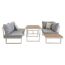 Loungemöbelset Lima Aluminium mit grauen Polstern und Holztischen.