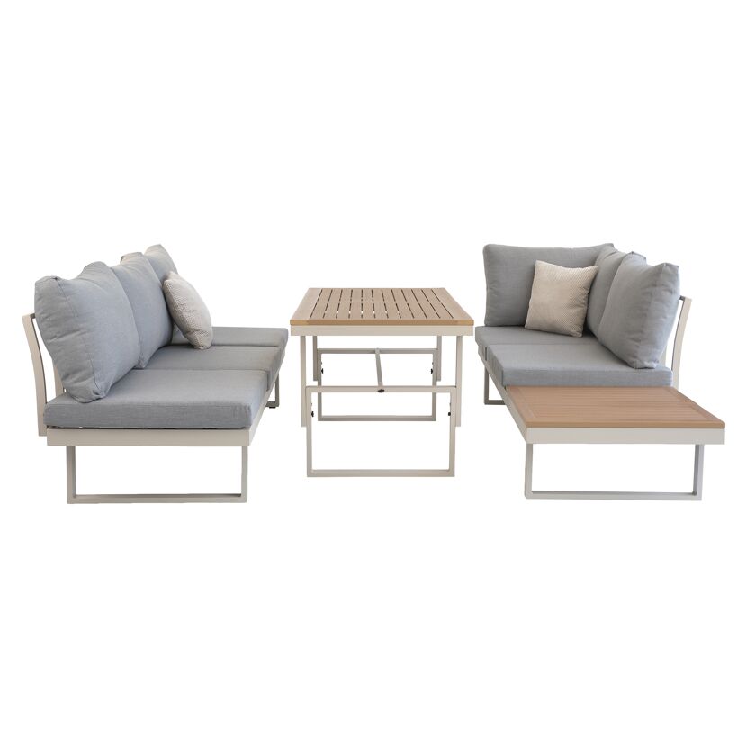 Loungemöbelset Lima Aluminium mit grauen Polstern und Holztischen.