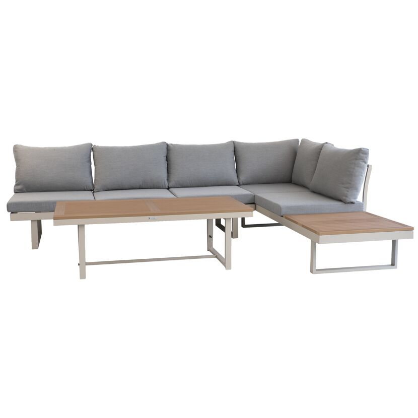 Loungemöbelset Lima aus Aluminium mit grauen Kissen und Holztischen