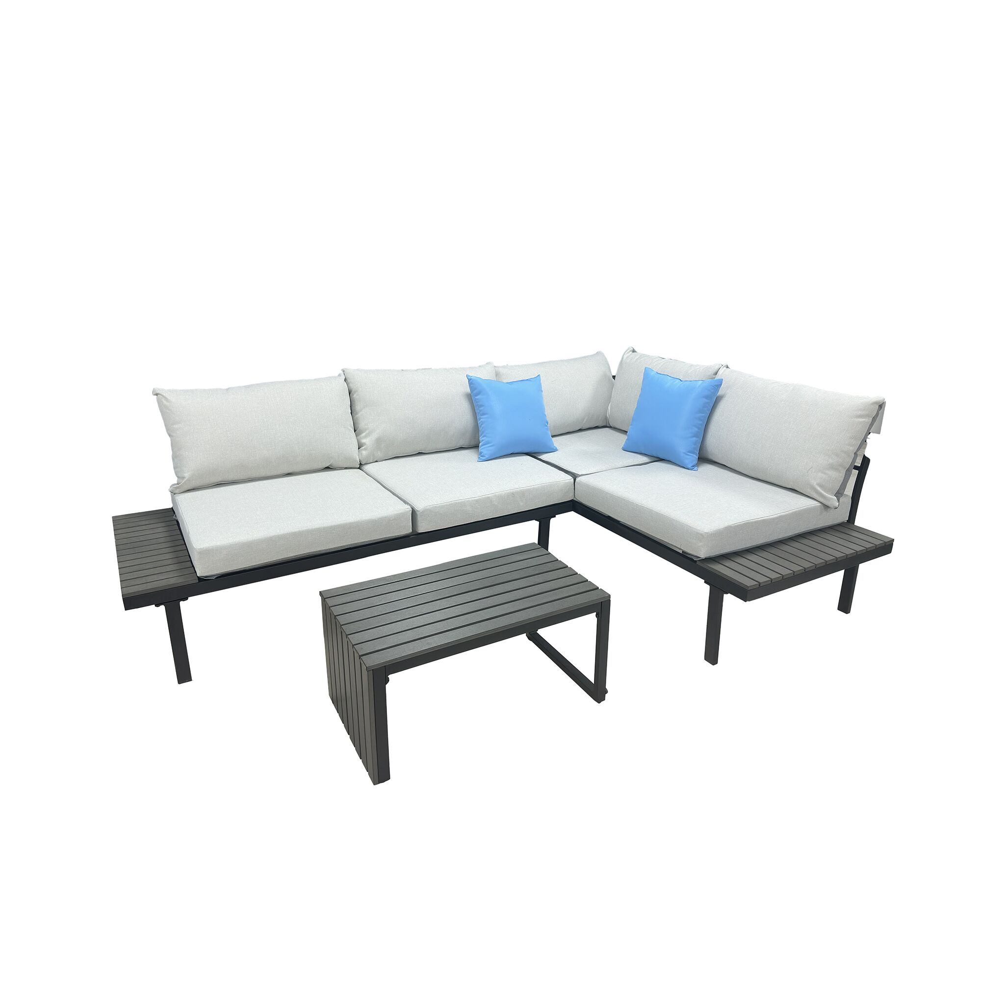 Loungemöbelset 'Samoa' aus Stahl mit grauen Polstern und Couchtisch.