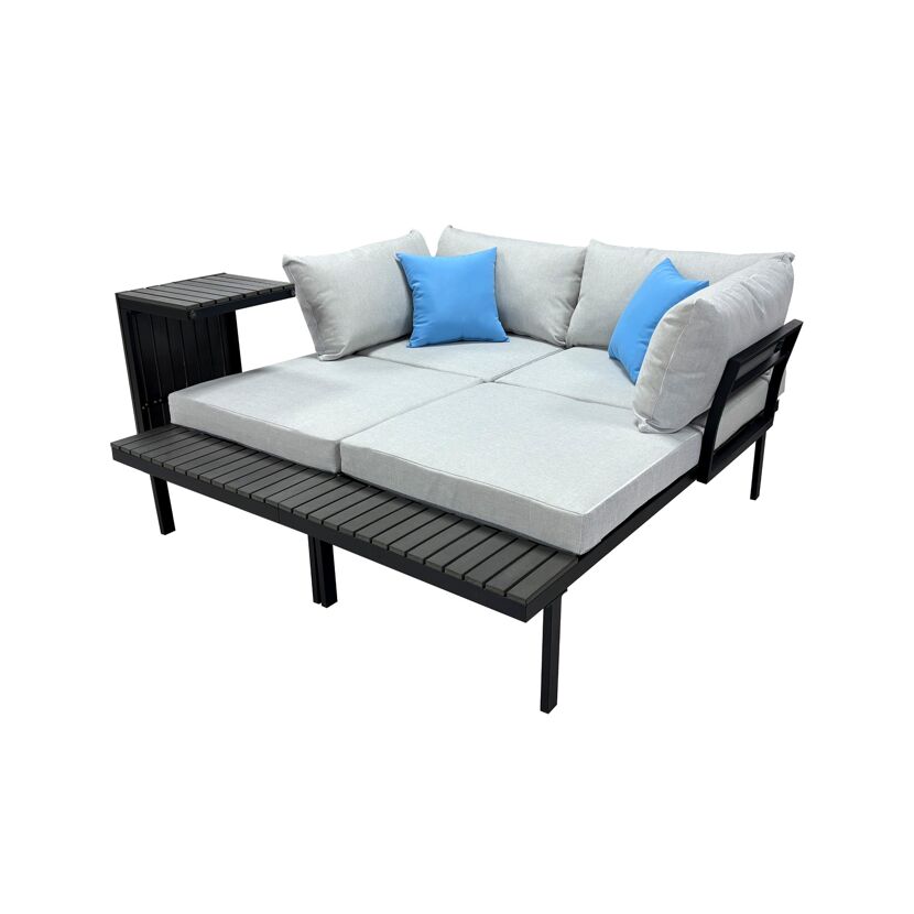 Loungemöbelset Samoa aus Stahl mit grauen Kissen und blauen Akzenten.