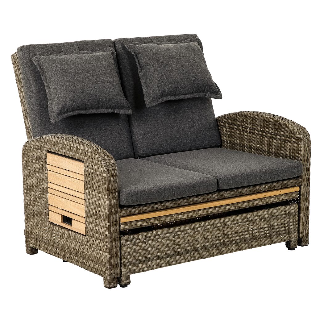 Loungesofa Bahia Tobago grau/beige mit ausziehbarer Ablage und Kissen.