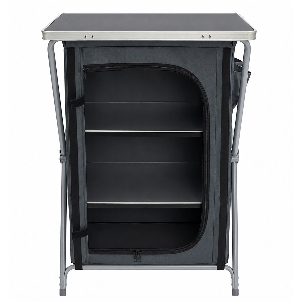 Anthrazitfarbener Campingschrank mit offener Front und Tischplatte.