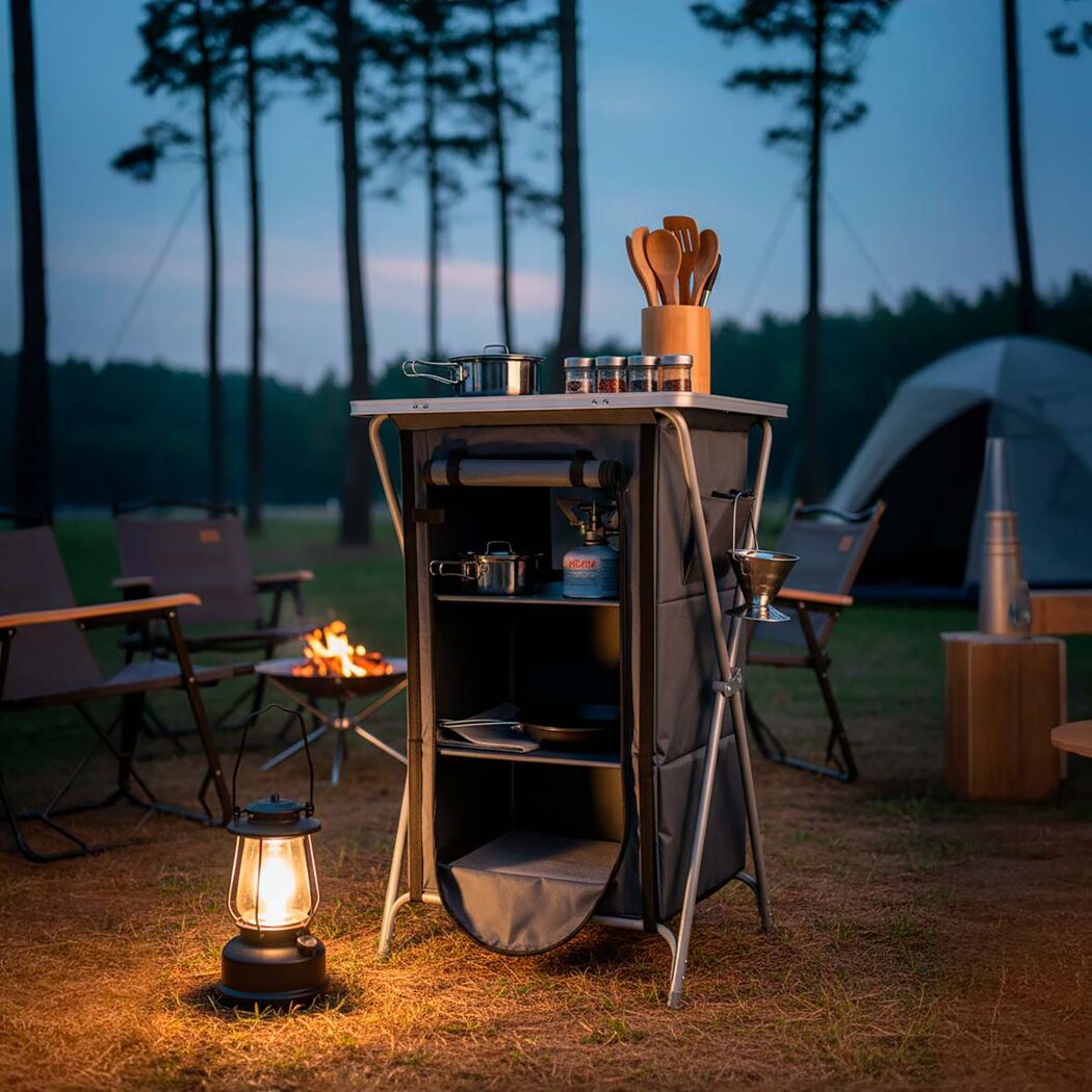 Anthrazit Campingschrank mit Tischplatte im Freien beim Camping