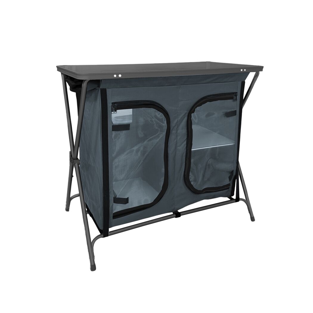 Klappbarer Campingschrank in Grau mit zwei Fächern.