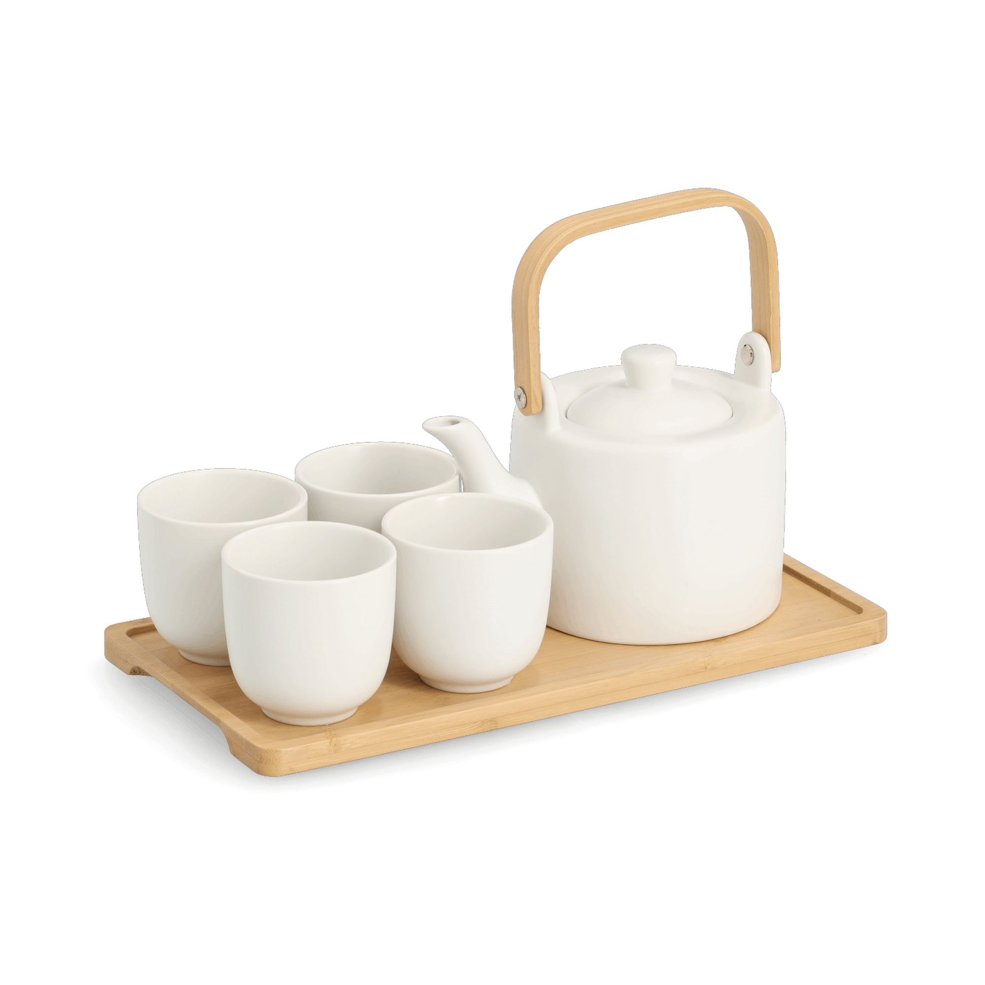 Tee-Set Steingut/Bambus weiß 6-teilig  33,5 x 14 x 17 cm