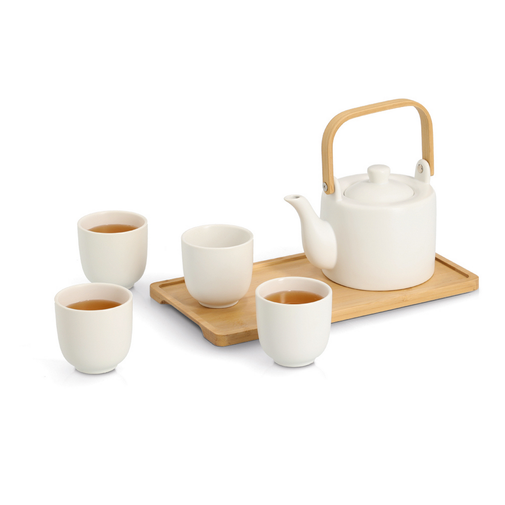 Tee-Set Steingut/Bambus weiß 6-teilig  33,5 x 14 x 17 cm