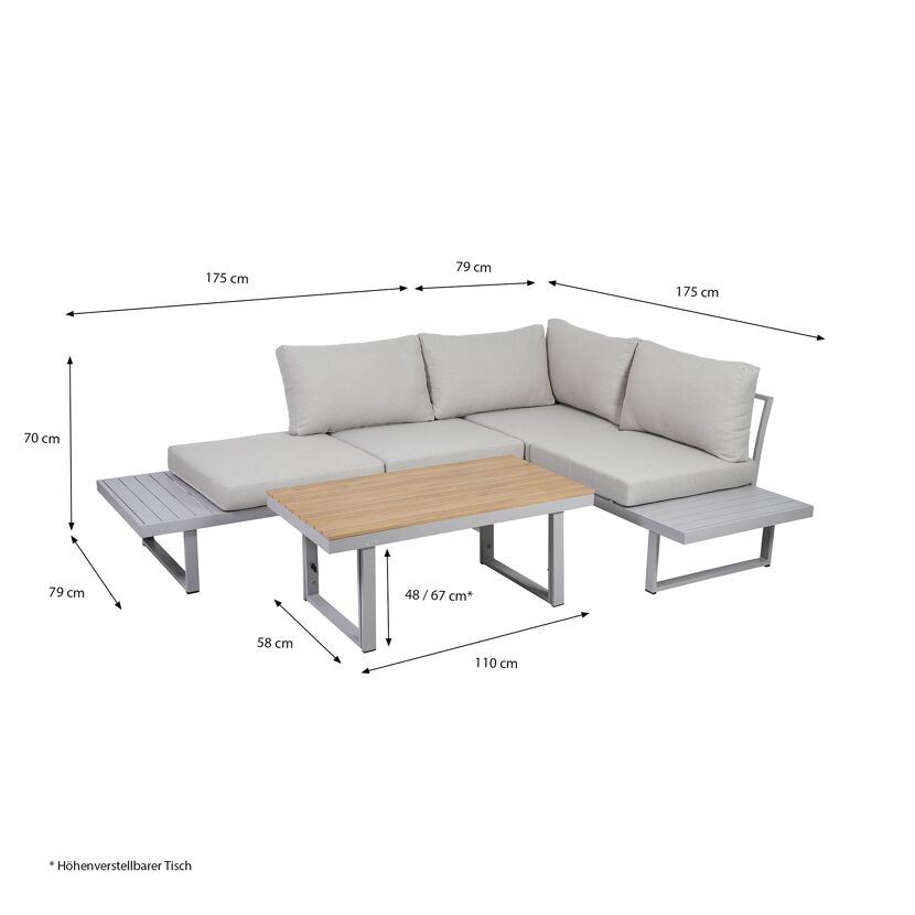 Loungemöbelset Aruba mit Maßen und höhenverstellbarem Tisch.