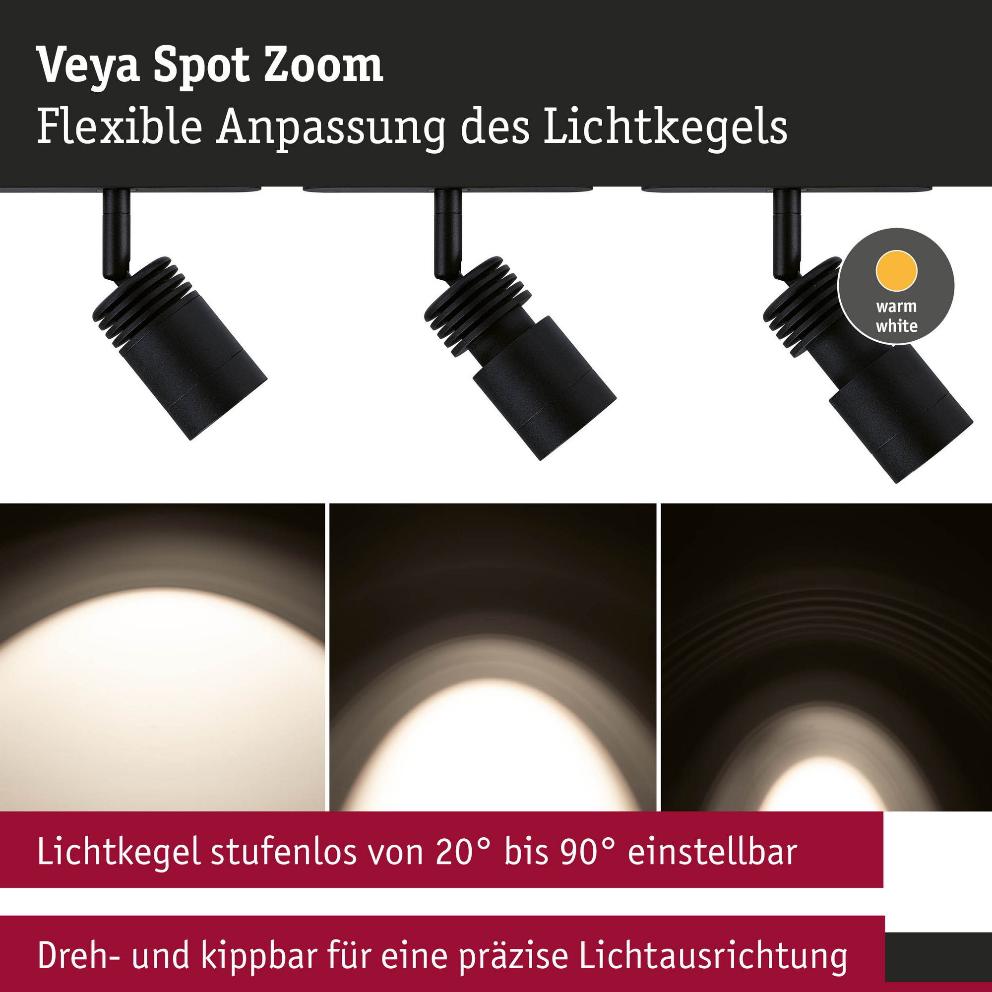 Smart-LED-Spotleuchte 'Veya Zoom' mattschwarz 3000 K 5 W 580 lm