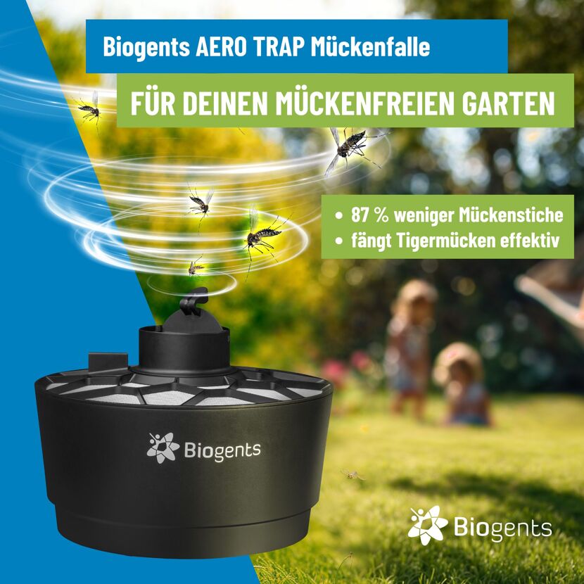 Biogents Aero Trap Mückenfalle fängt Mücken im Garten.