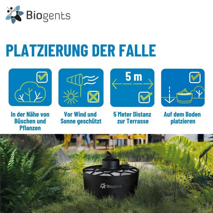 Biogents Mückenfalle 'Aero Trap' mit Platzierungshinweisen.