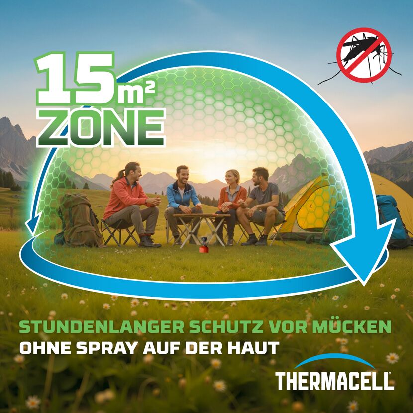 Thermacell Mückenabwehrgerät schützt vier Personen beim Camping.