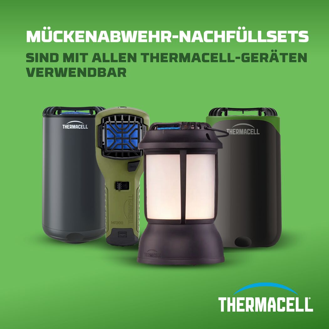 Drei Thermacell Mückenabwehrgeräte und eine Laterne