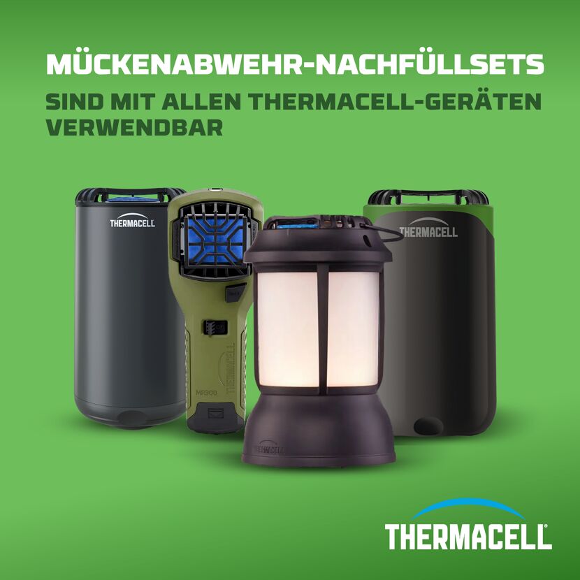 Drei Thermacell Mückenabwehrgeräte und eine Laterne