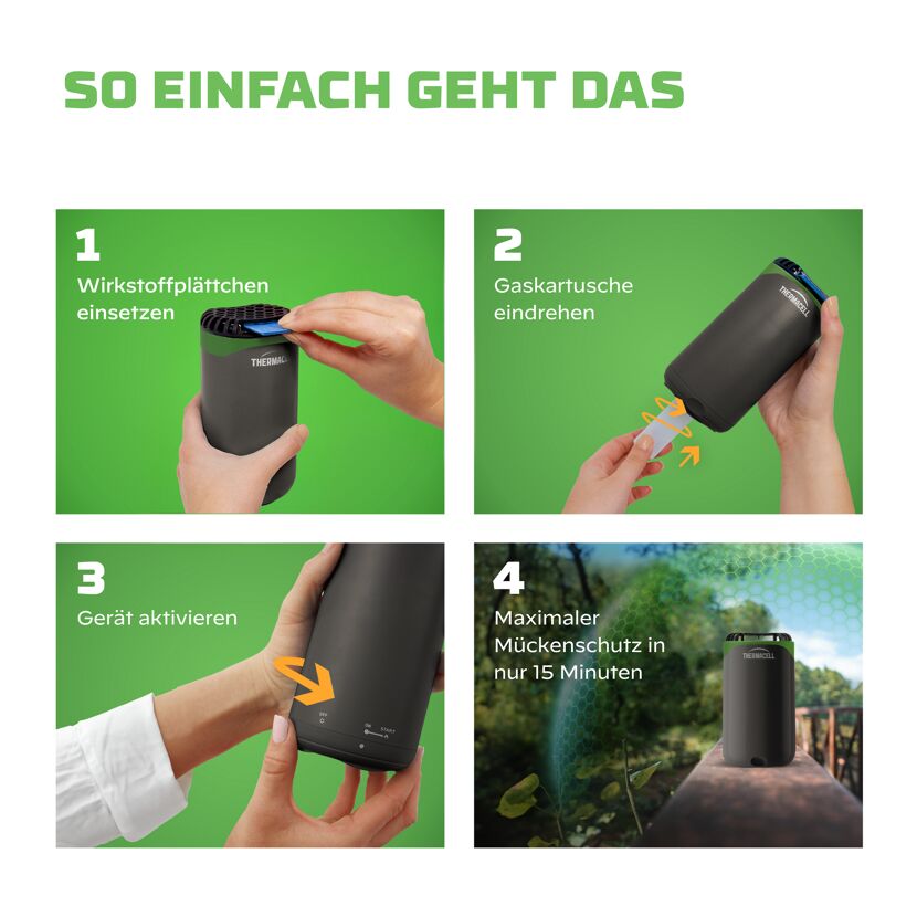 Anleitung zur Nutzung des Mückenabwehrgeräts in vier Schritten.