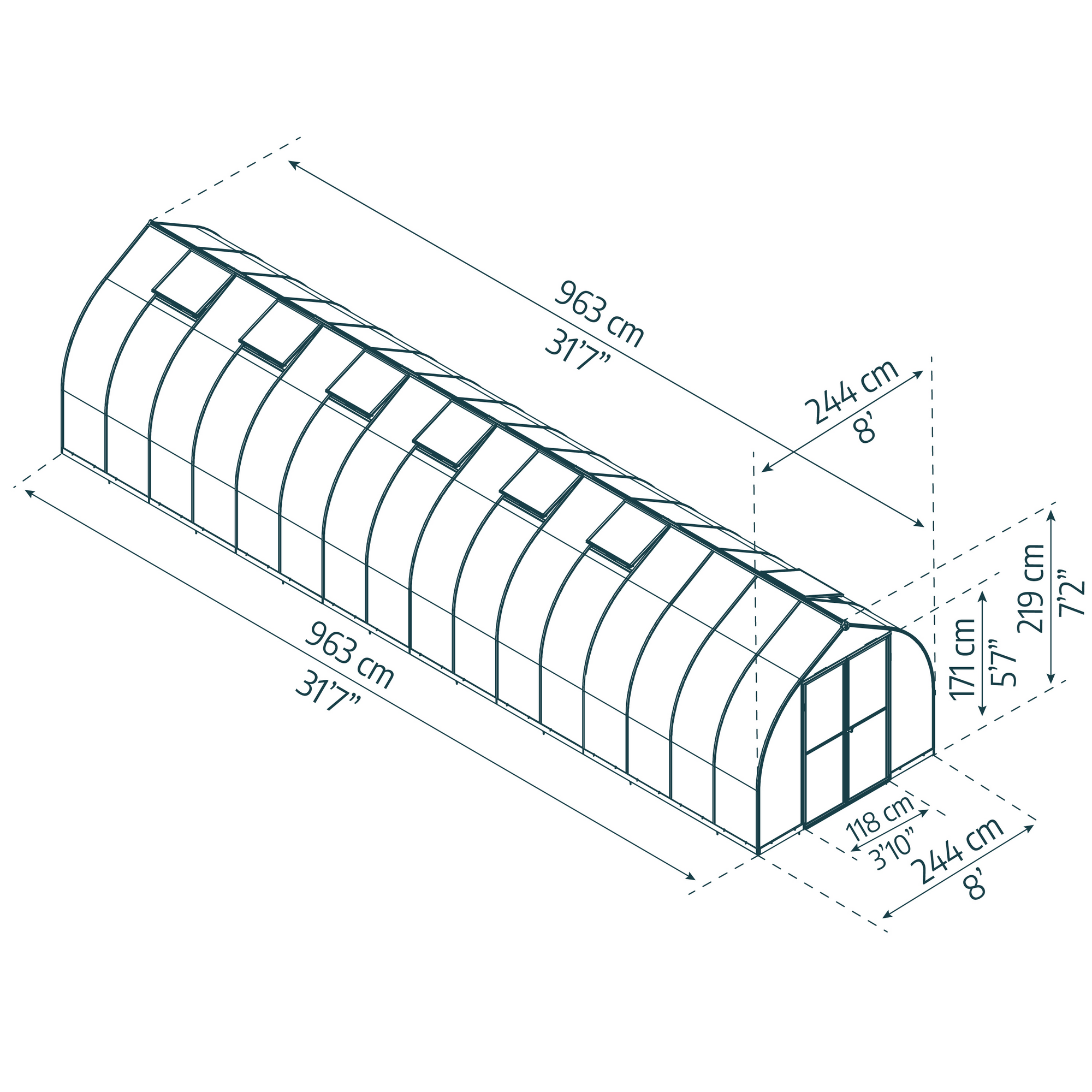 Gewächshaus 'Bella' 244 x 964 cm mit 6 mm Hohlkammerplatten silbern