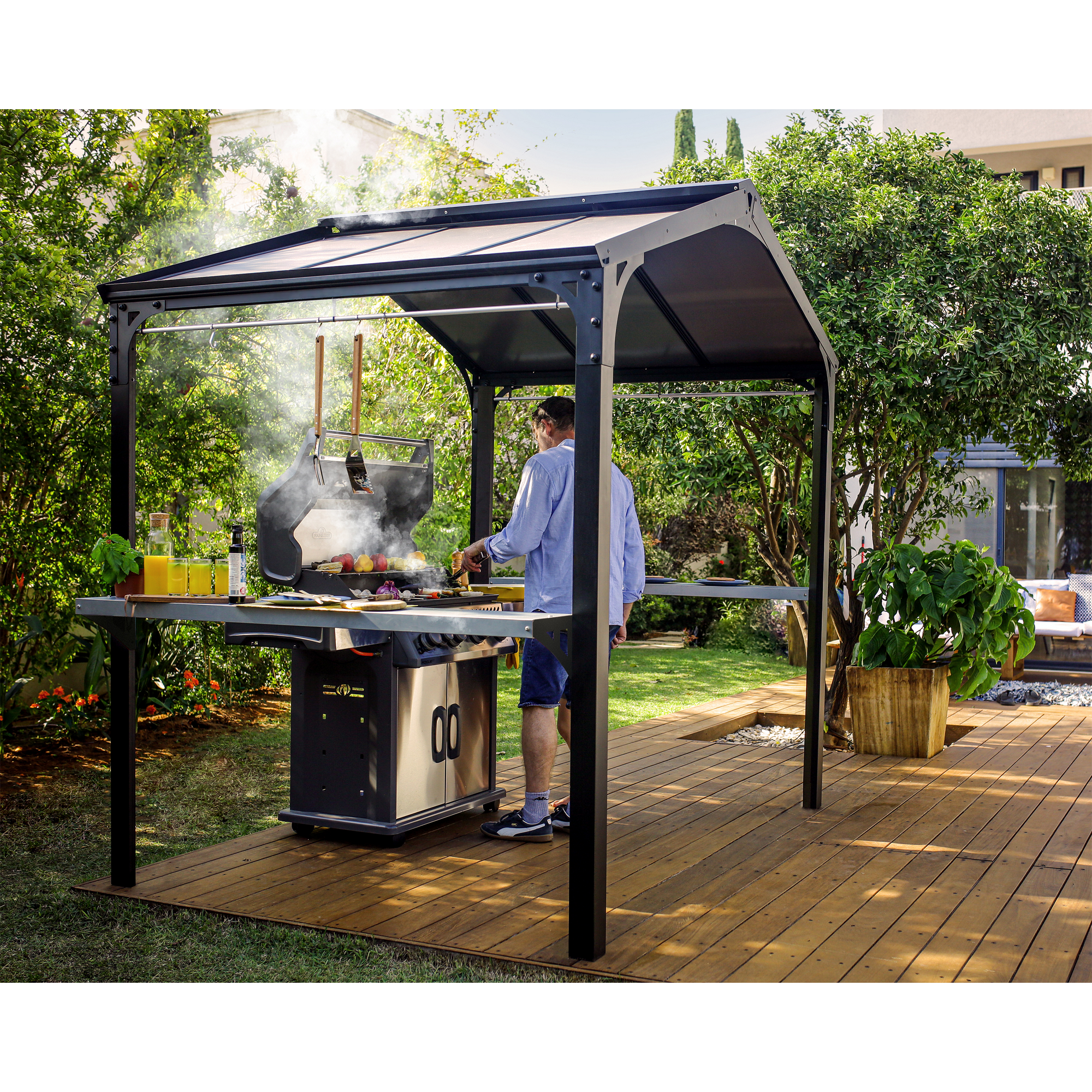 Grillpavillon 'Austin' schwarz 240 x 181 cm Polycarbonat grau