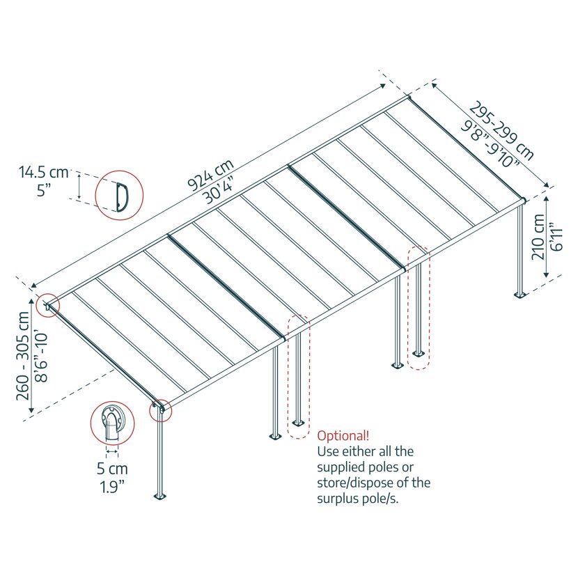 Terrassenüberdachung 'Sierra' anthrazit 295 x 924 cm Polycarbonat transparent