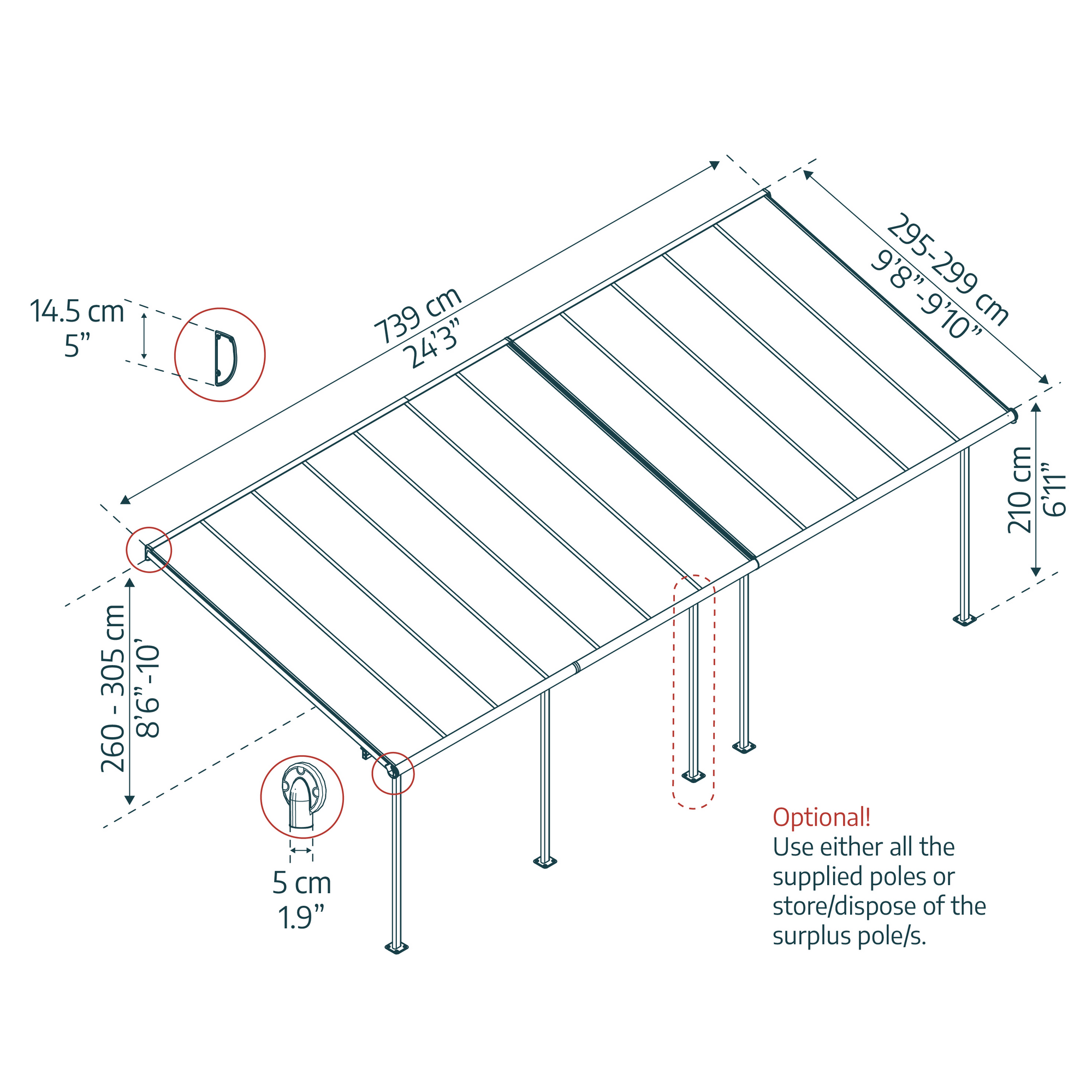 Terrassenüberdachung 'Sierra' anthrazit 295 x 739 cm Polycarbonat transparent