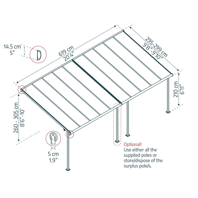 Terrassenüberdachung 'Sierra' anthrazit 295 x 619 cm Polycarbonat transparent