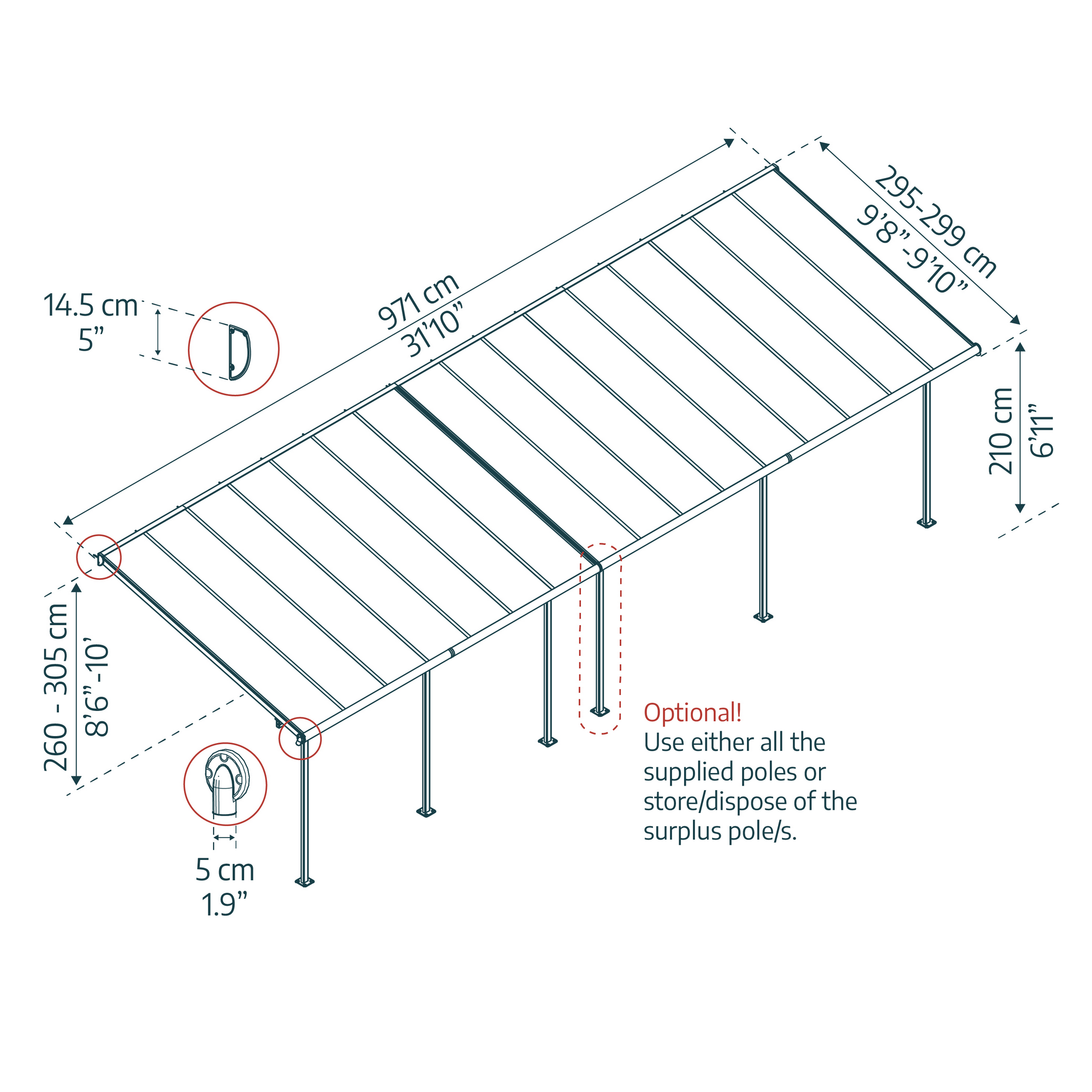 Terrassenüberdachung 'Sierra' anthrazit 295 x 971 cm Polycarbonat transparent