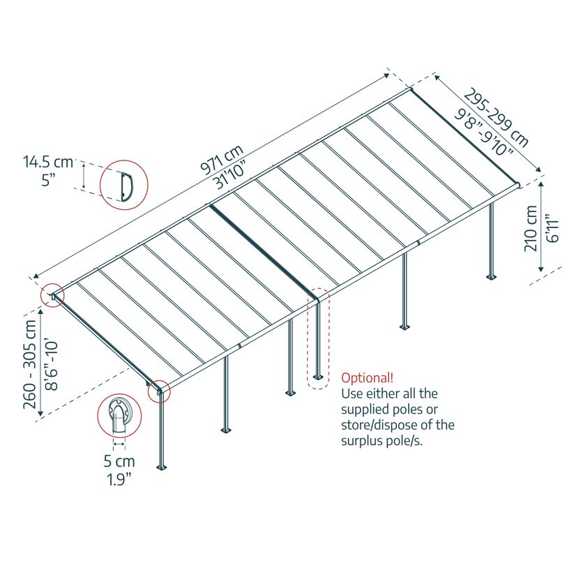 Terrassenüberdachung 'Sierra' anthrazit 295 x 971 cm Polycarbonat transparent
