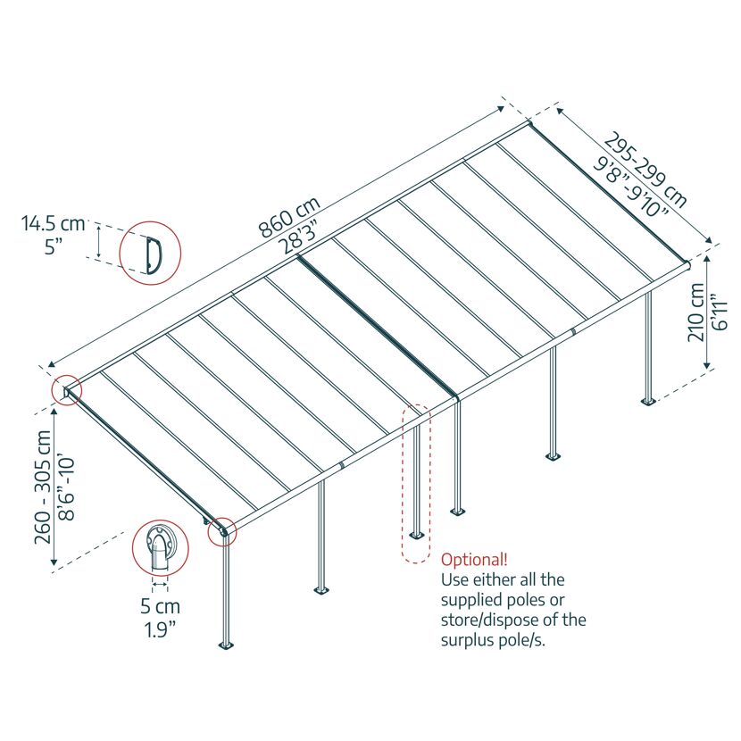 Terrassenüberdachung 'Capri' anthrazit 295 x 860 cm Polycarbonat grau