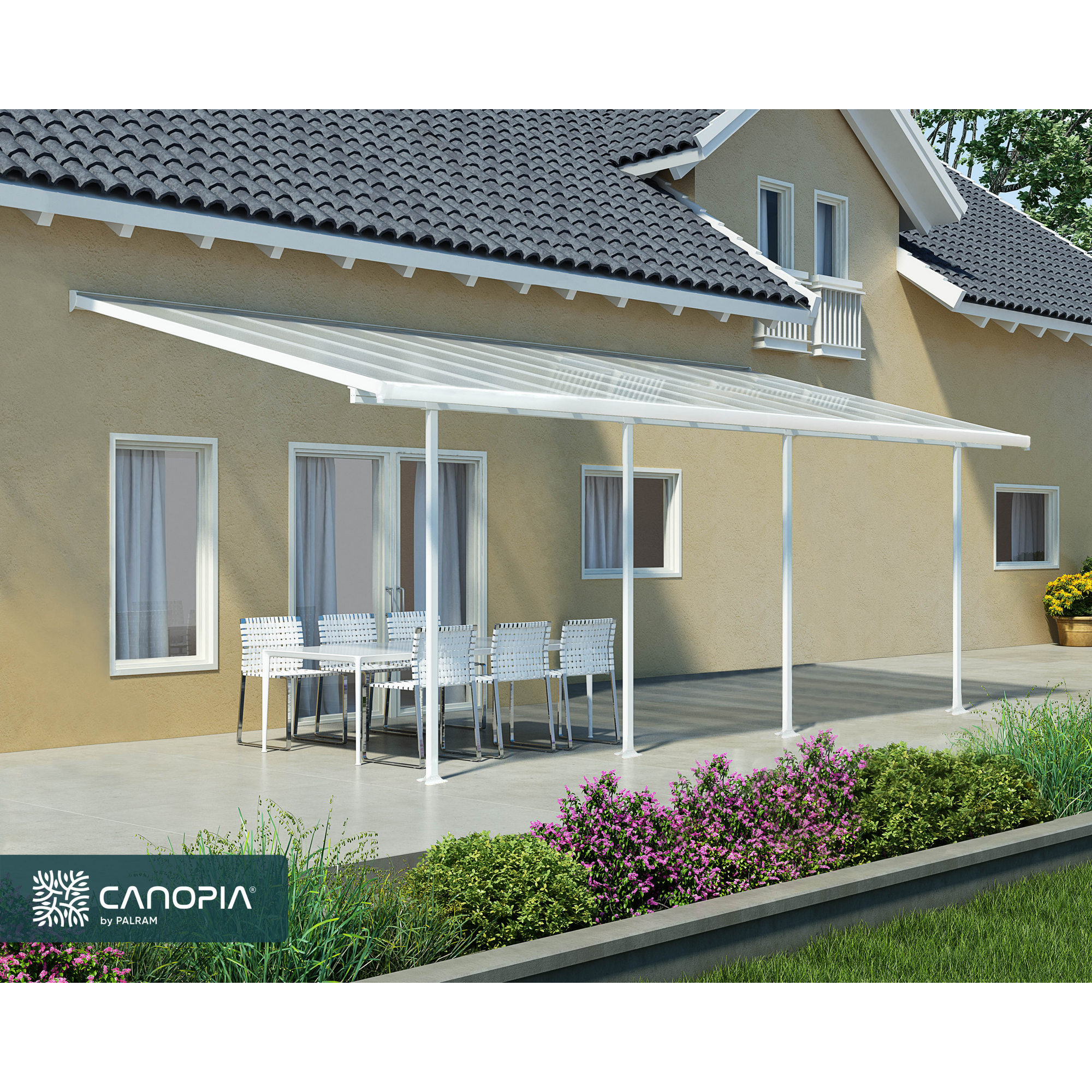 Terrassenüberdachung 'Feria' weiß 294 x 730 cm Polycarbonat transparent