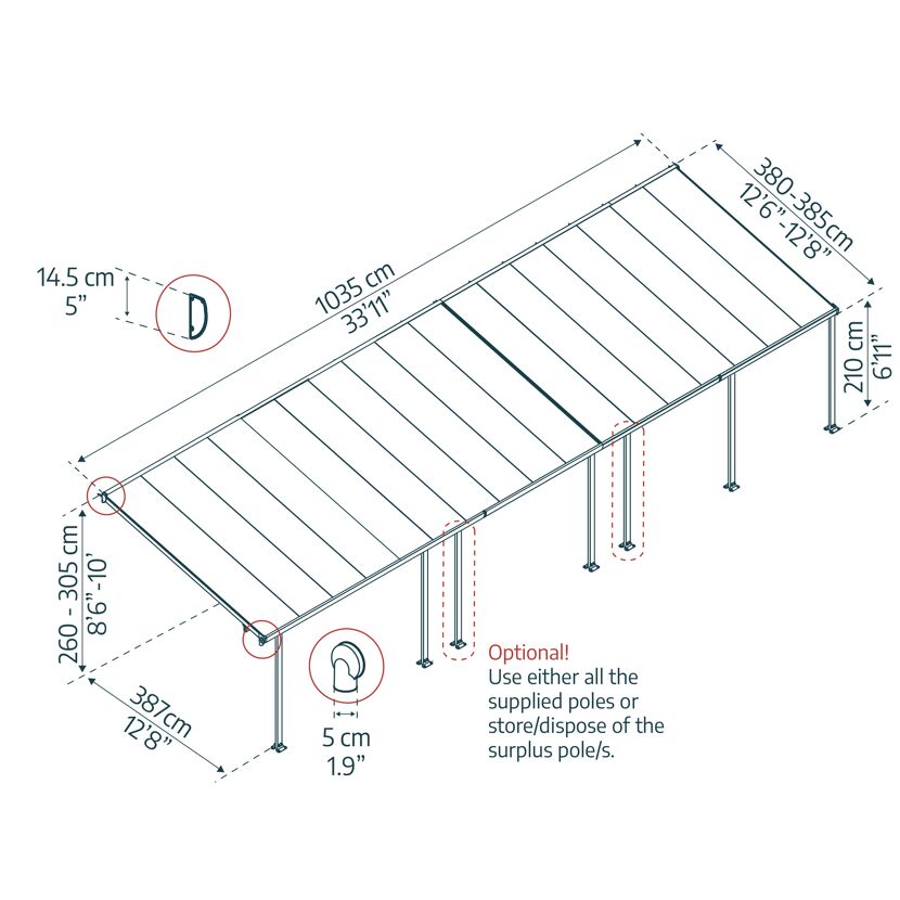 Terrassenüberdachung 'Feria' weiß 380 x 1031 cm Polycarbonat transparent
