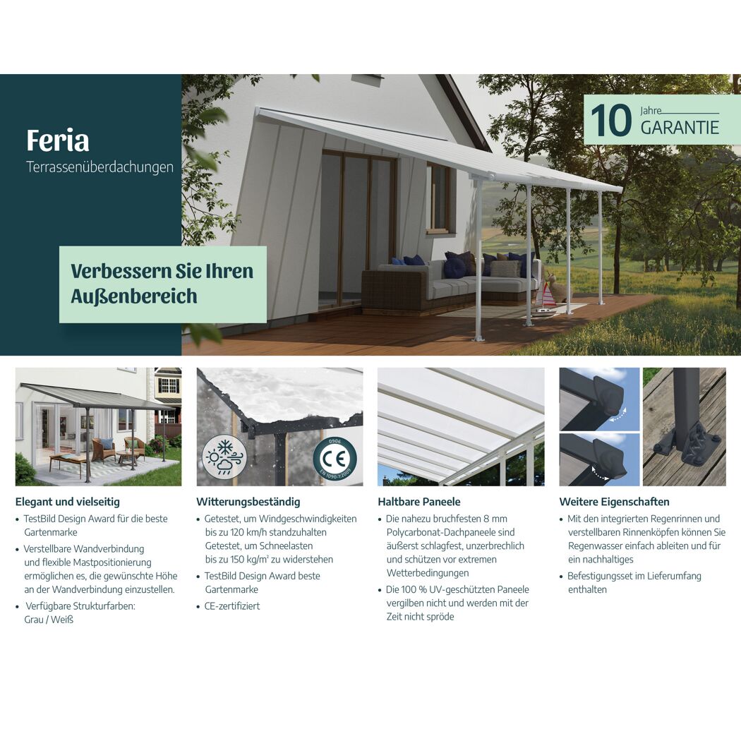 Terrassenüberdachung 'Feria' weiß 294 x 1035 cm Polycarbonat transparent