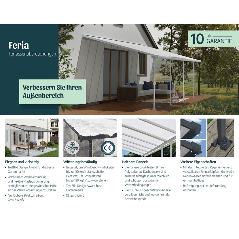 Terrassenüberdachung 'Feria' weiß 294 x 1035 cm Polycarbonat transparent