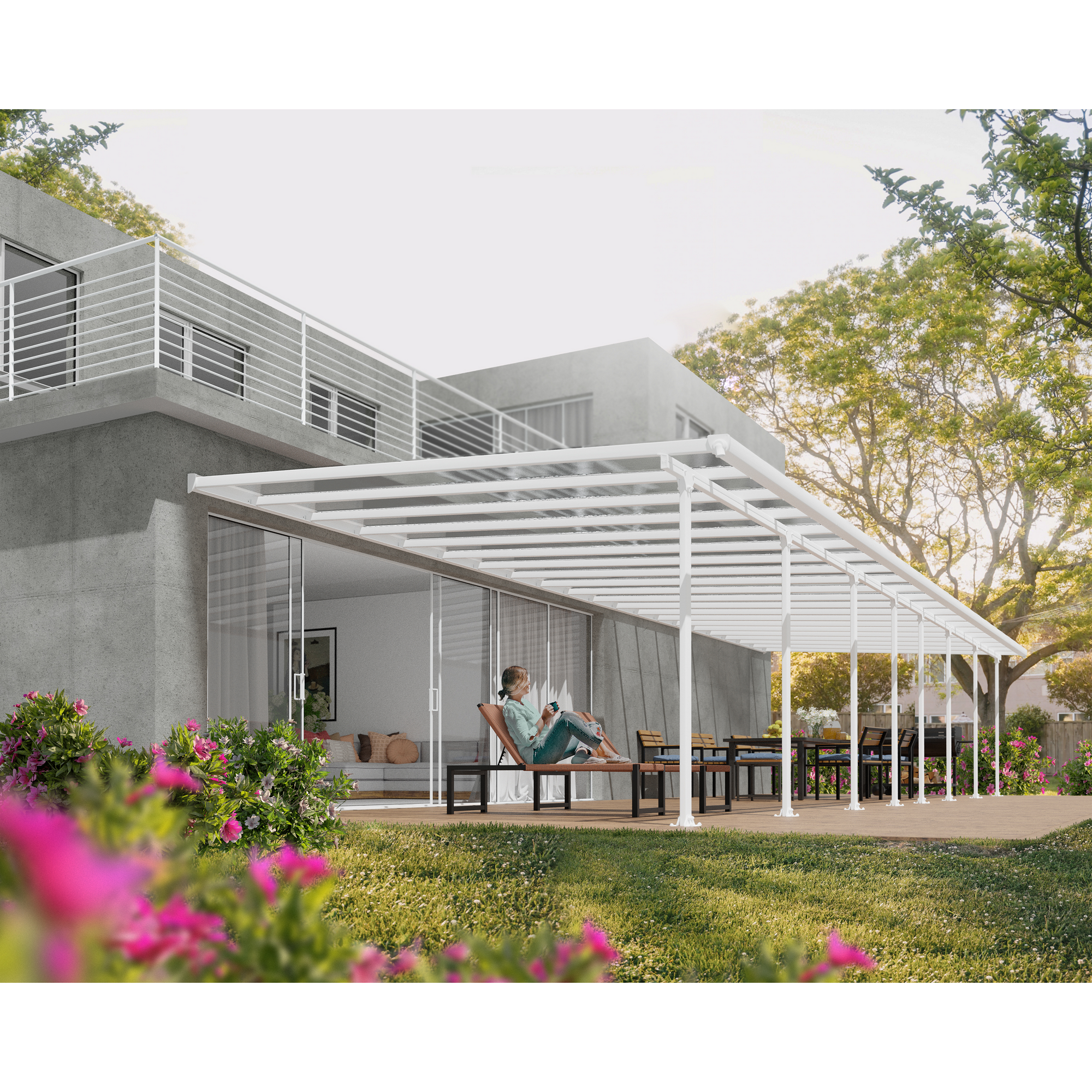 Terrassenüberdachung 'Feria' weiß 380 x 1212 cm Polycarbonat transparent