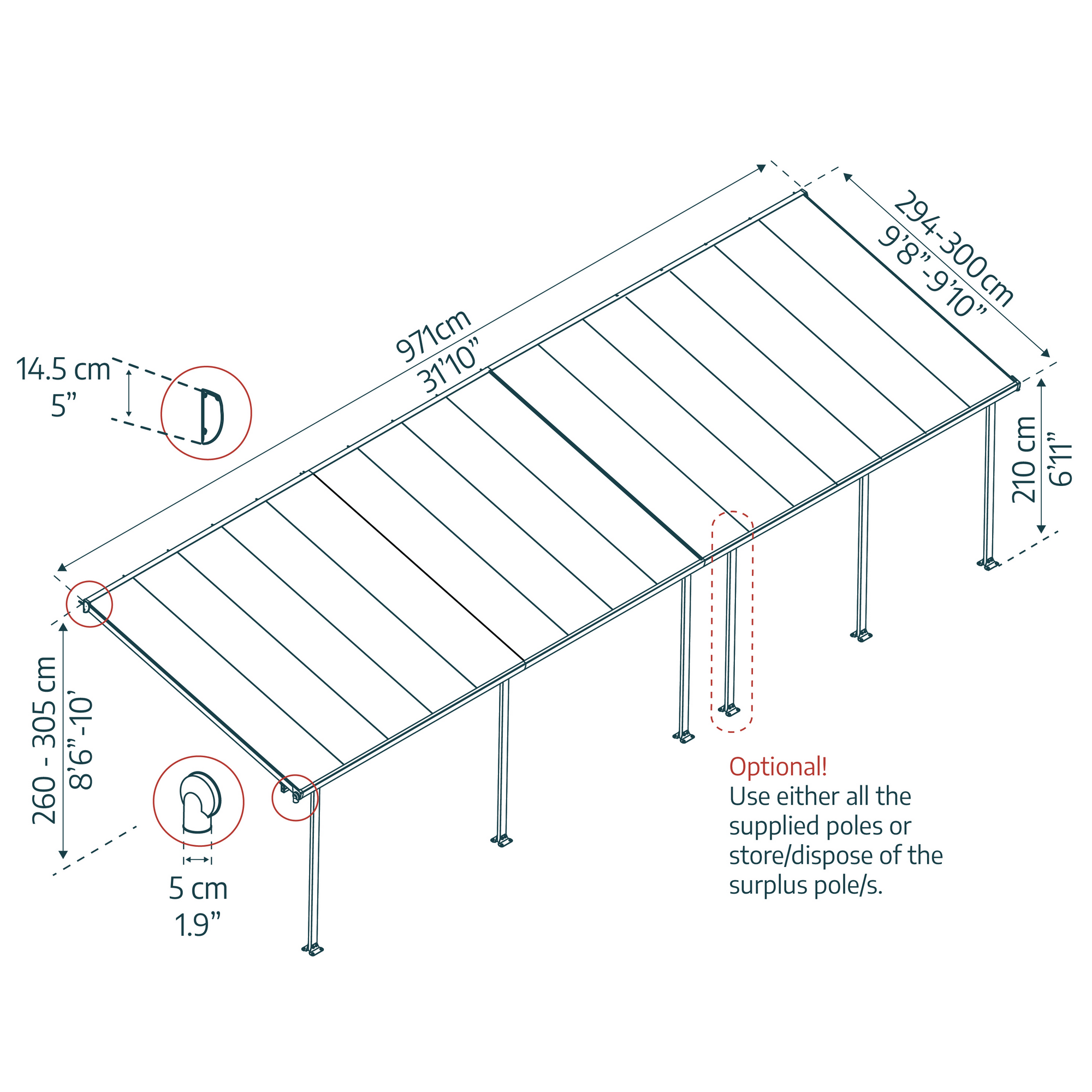 Terrassenüberdachung' Feria' anthrazit 294 x 1035 cm Polycarbonat transparent