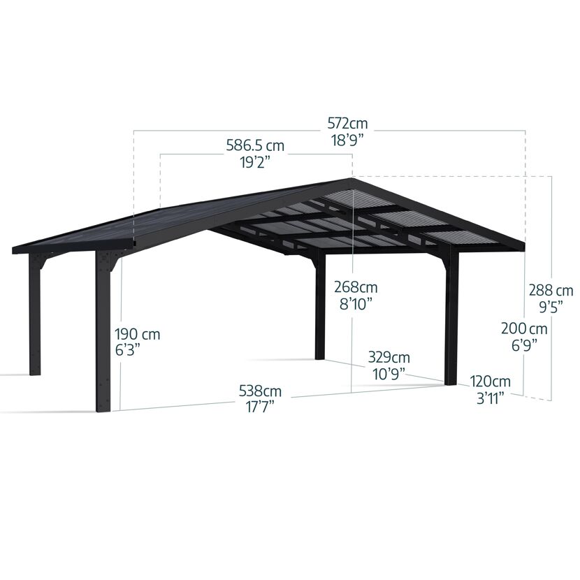 Doppelcarport 'Sydney Apex' schwarz 572 x 586 cm Polycarbonat grau