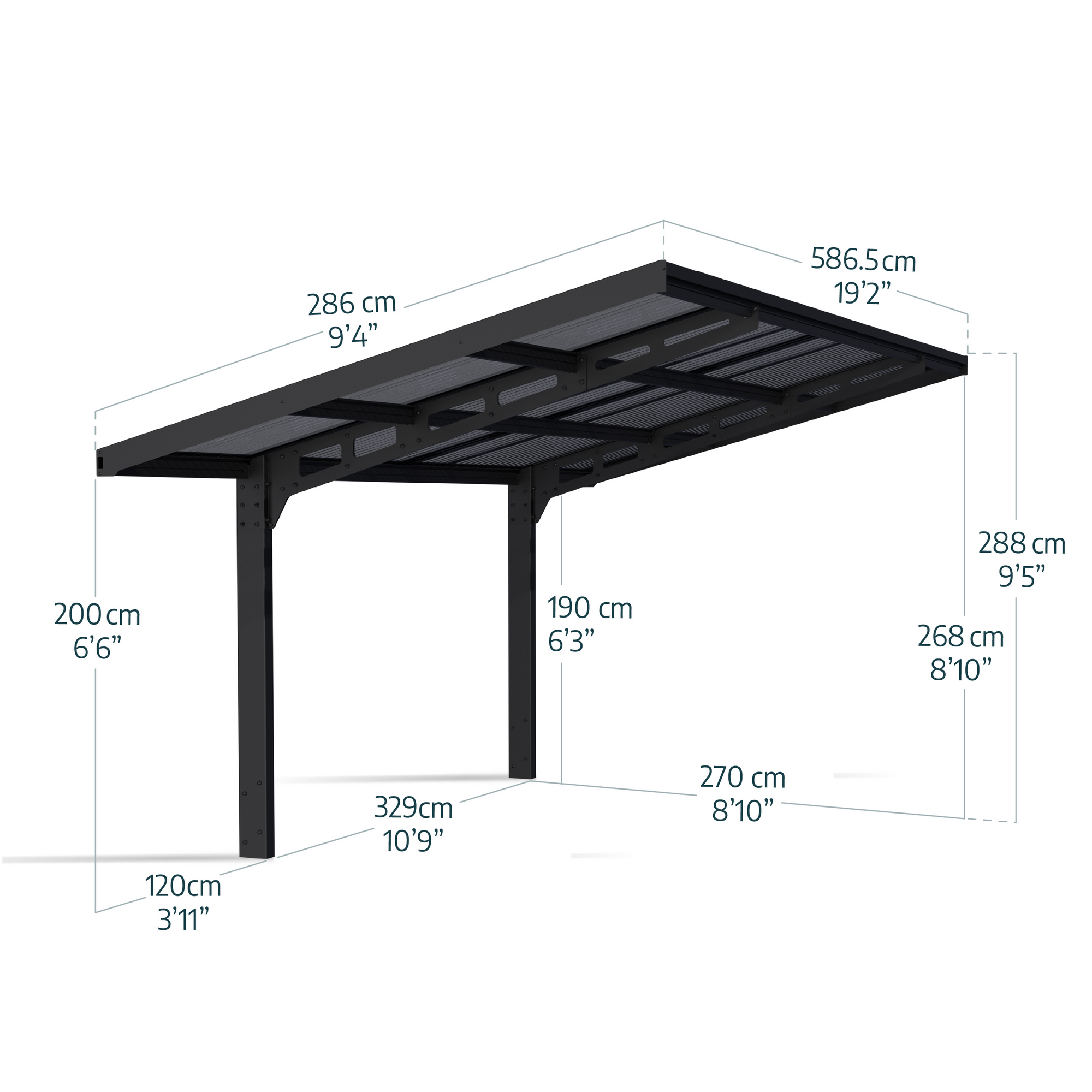 Einzelcarport 'Sydney Wave' schwarz 286 x 587 cm Polycarbonat grau