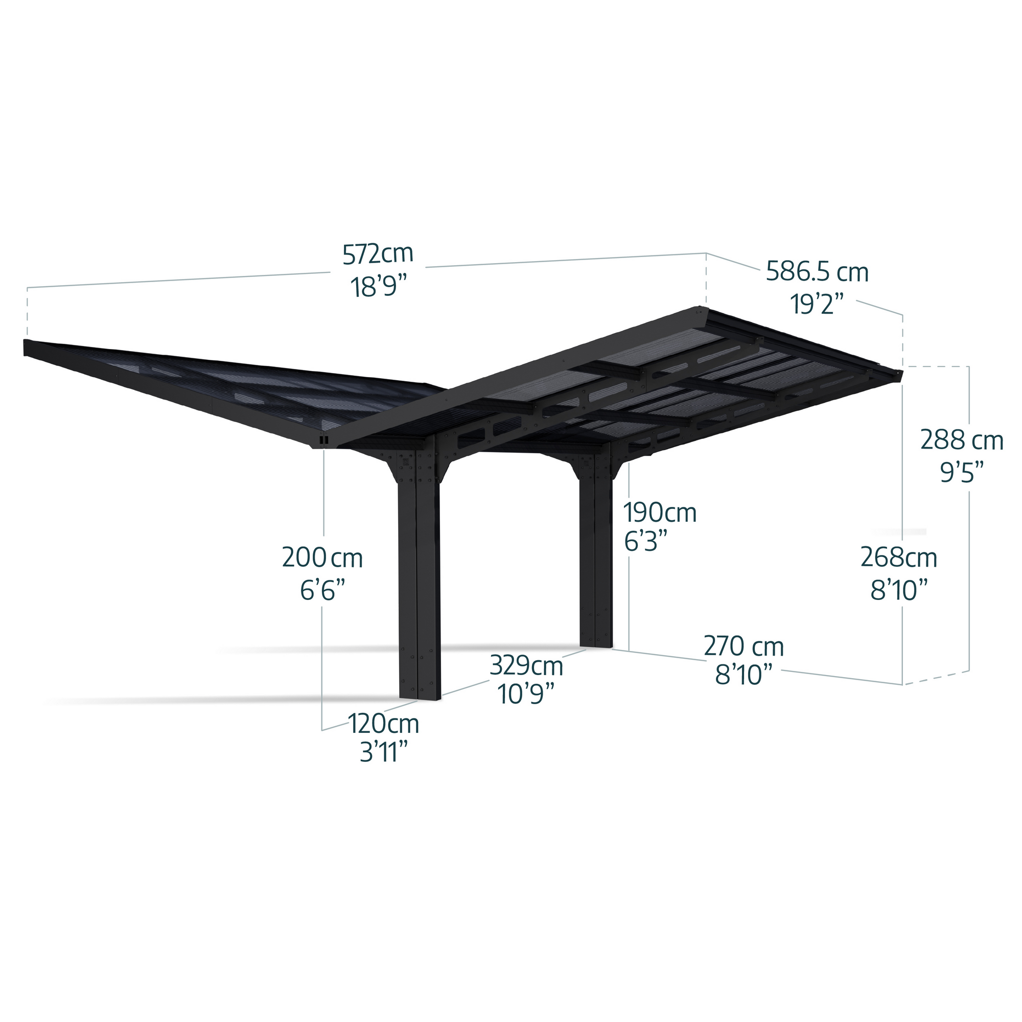 Doppelcarport 'Sydney Wings' schwarz 572 x 586 cm Polycarbonat grau