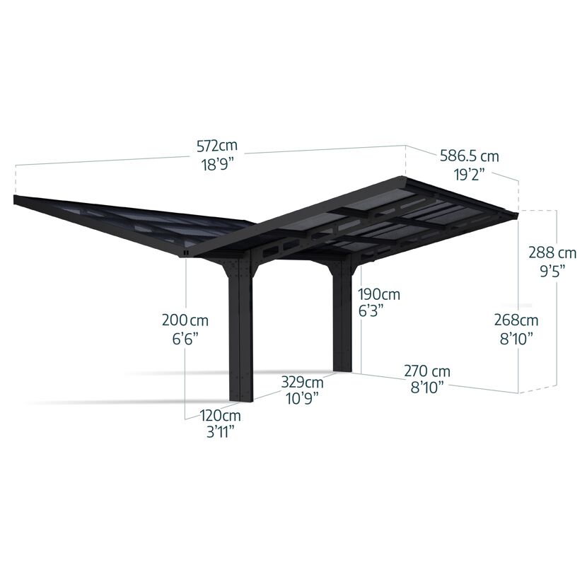 Doppelcarport 'Sydney Wings' schwarz 572 x 586 cm Polycarbonat grau